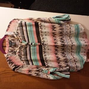 About A Girl LA Sheer Chiffon Quarter Button Front Aztec Print Shirt Juniors XL